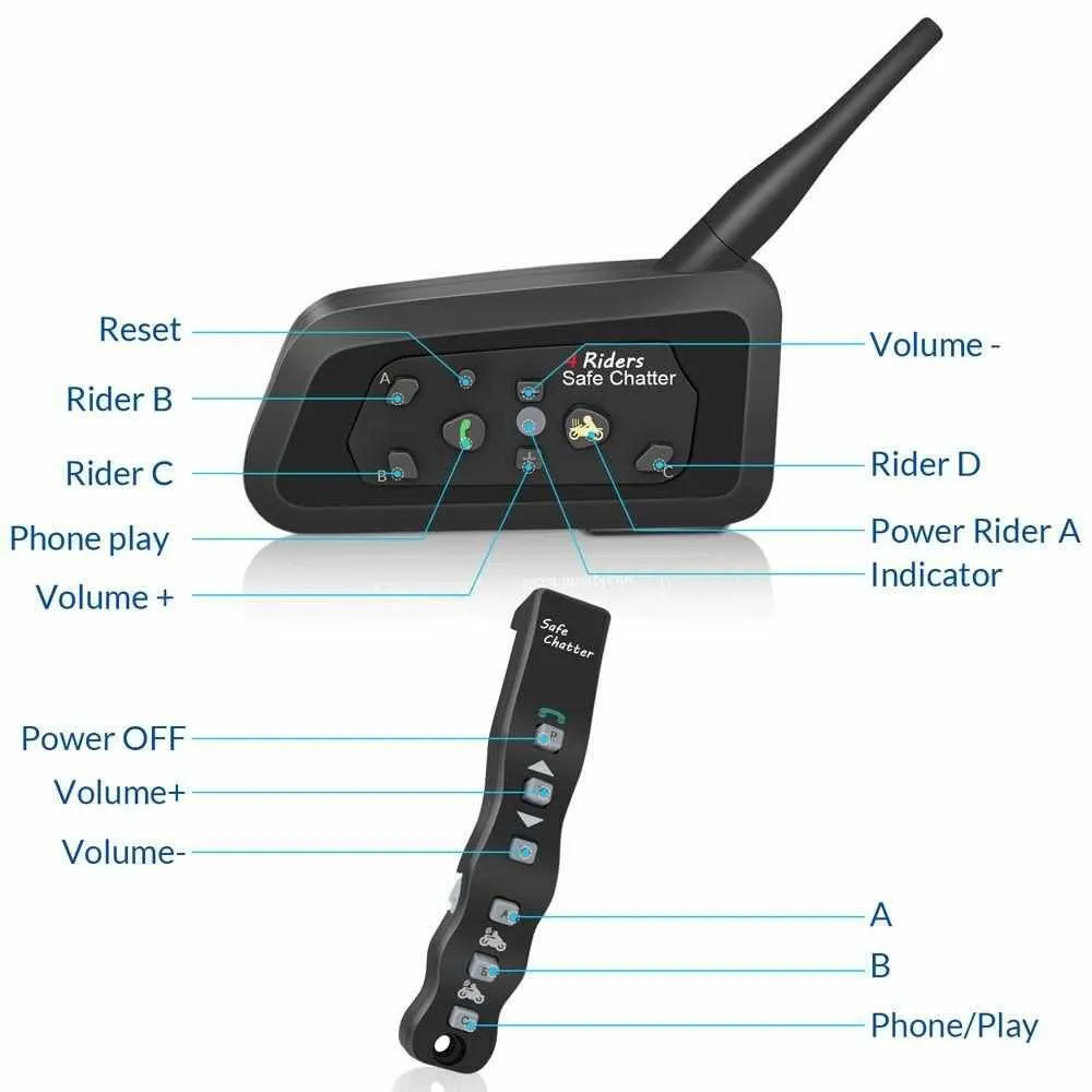 2 pcs A4BT Bluetooth Motorcycle Helmet Intercom Headset with Remote Controller for 4 Riders