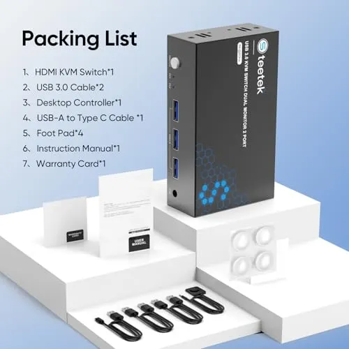 4K@240Hz HDMI KVM Switch 2 Monitors 2 Computers, 8K@60Hz Dual KVM Switch for 2 Computers Sharing 2 Monitors, Keyboard, Mouse, Hard Drives, Printer, with EDID Adaptive, 2*USB Cables, and Controller.