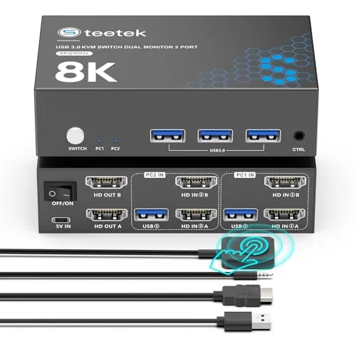 4K@240Hz HDMI KVM Switch 2 Monitors 2 Computers, 8K@60Hz Dual KVM Switch for 2 Computers Sharing 2 Monitors, Keyboard, Mouse, Hard Drives, Printer, with EDID Adaptive, 2*USB Cables, and Controller.