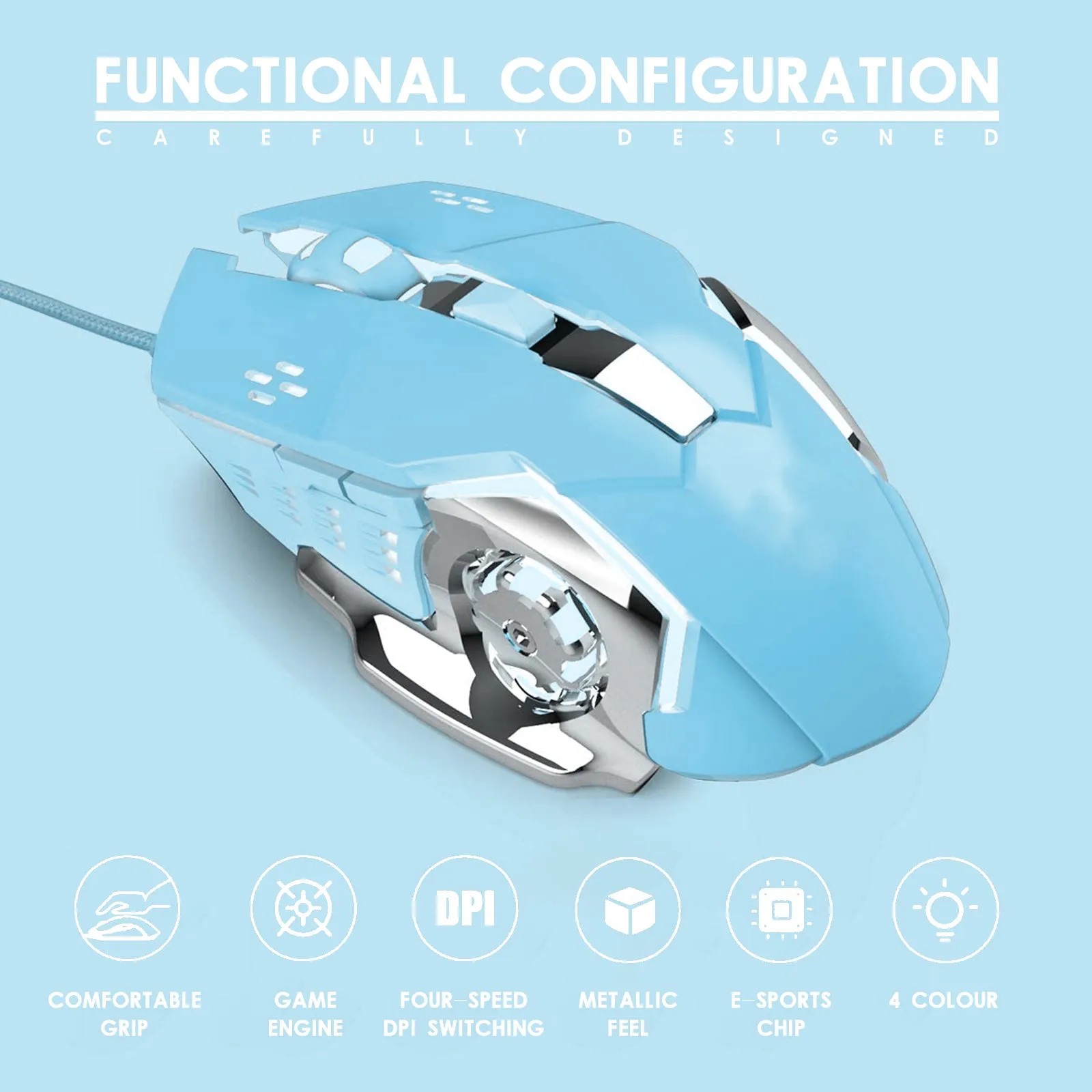 6 Buttons for Desktop Laptop Mac PC Gaming Wired Mouse with 4 Colors LED Backlit