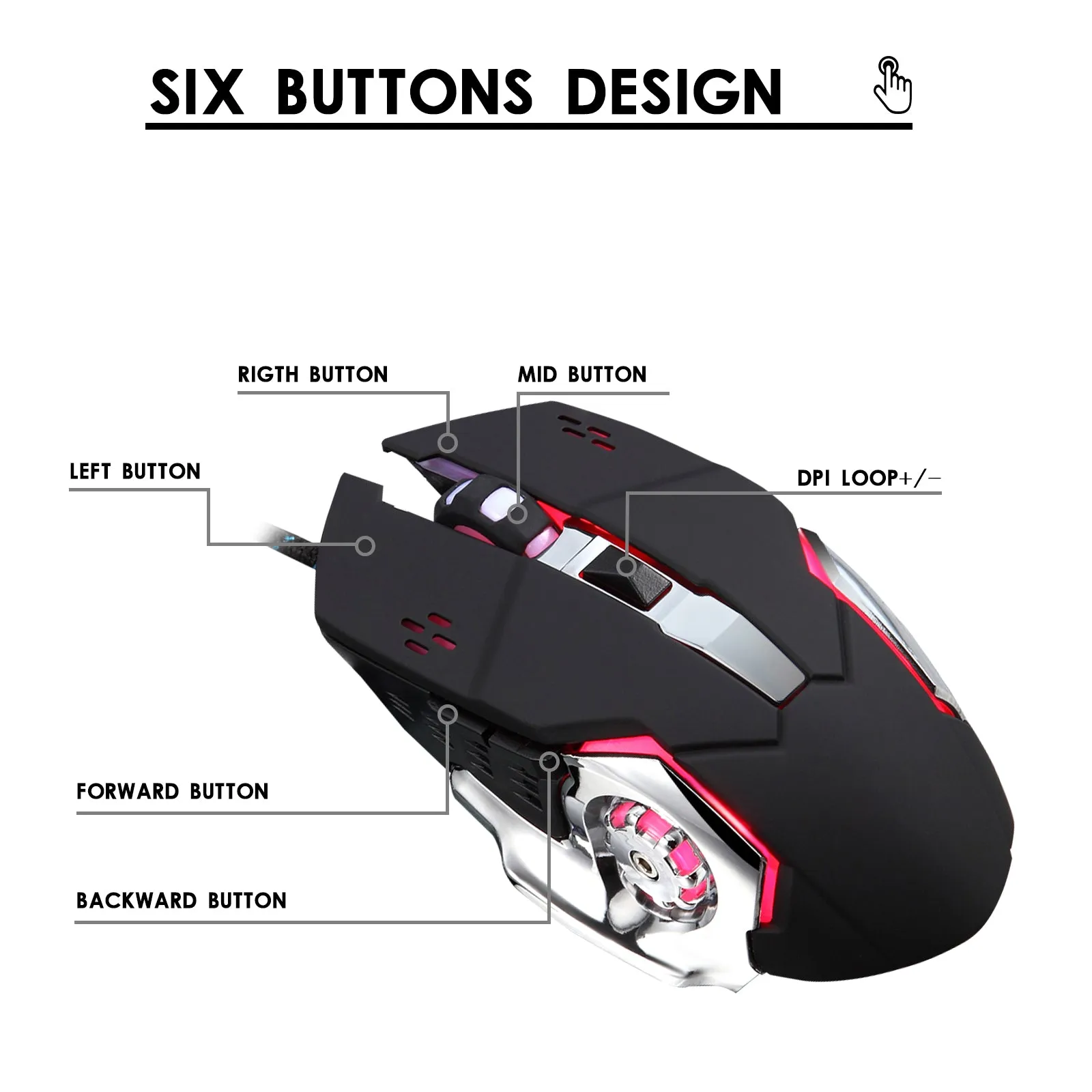 6 Buttons for Desktop Laptop Mac PC Gaming Wired Mouse with 4 Colors LED Backlit