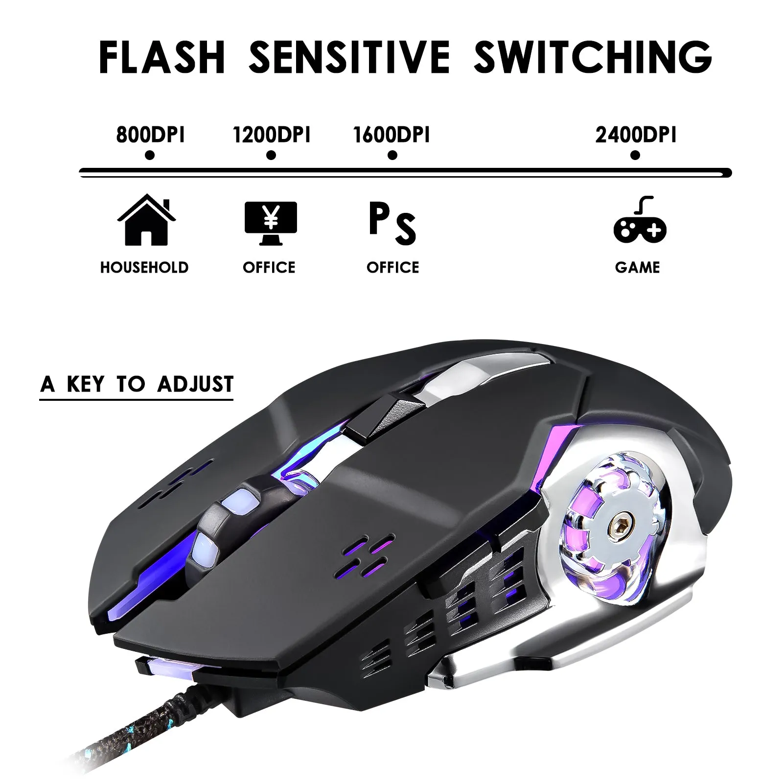 6 Buttons for Desktop Laptop Mac PC Gaming Wired Mouse with 4 Colors LED Backlit