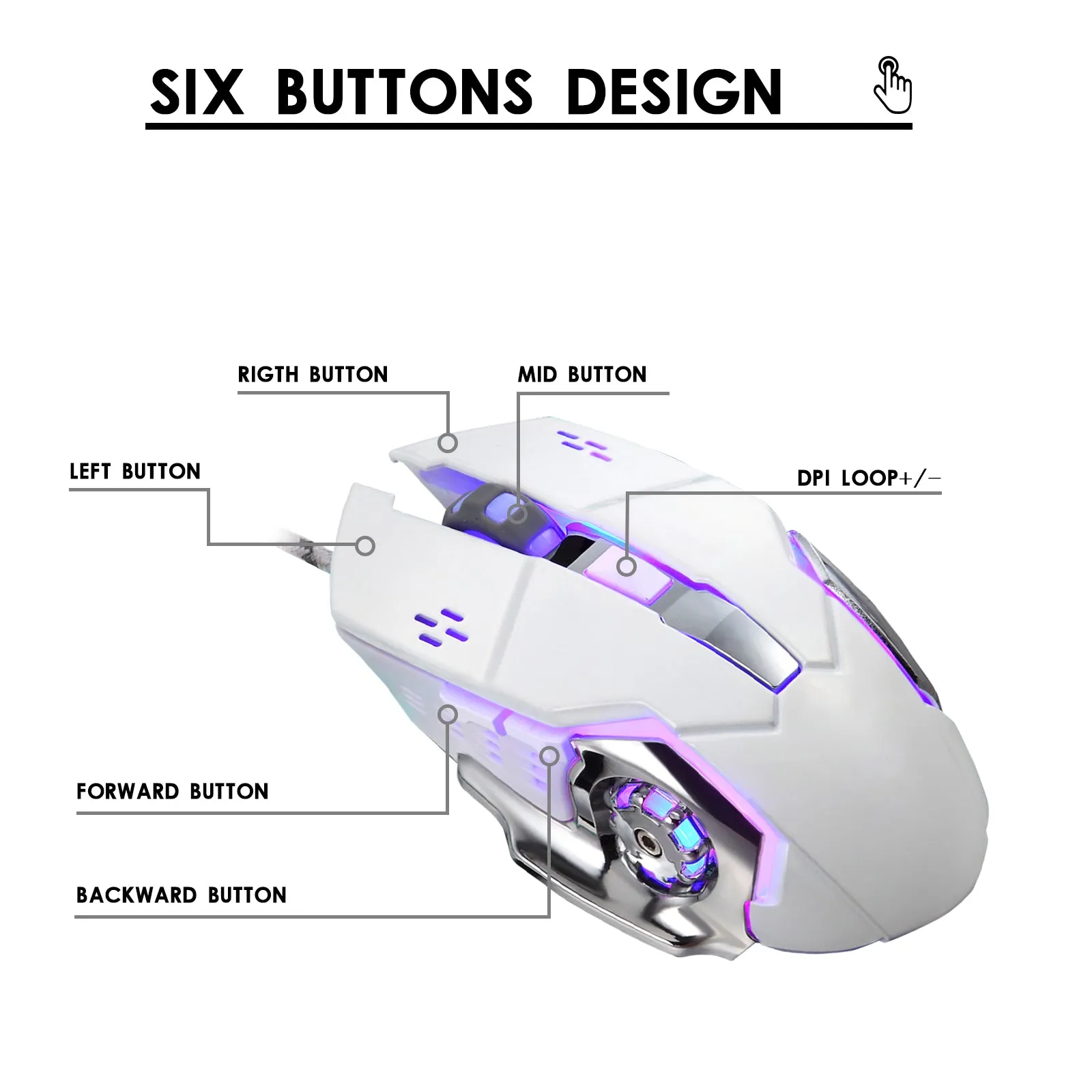 6 Buttons for Desktop Laptop Mac PC Gaming Wired Mouse with 4 Colors LED Backlit