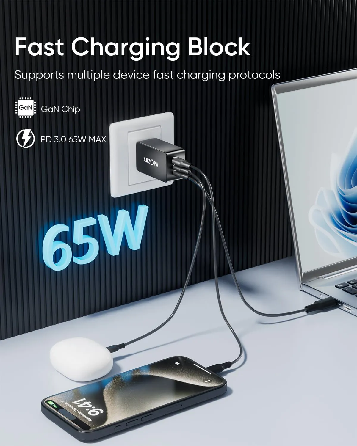 65W USB C Charger Block, ARZOPA GaN Fast Charger USB C Wall Charger PPS 3-Port Foldable Plug for MacBook Pro/Air, iPad Pro, iPhone 15/Pro, Galaxy S24 Ultra, Dell XPS 13, Pixel, Monitor