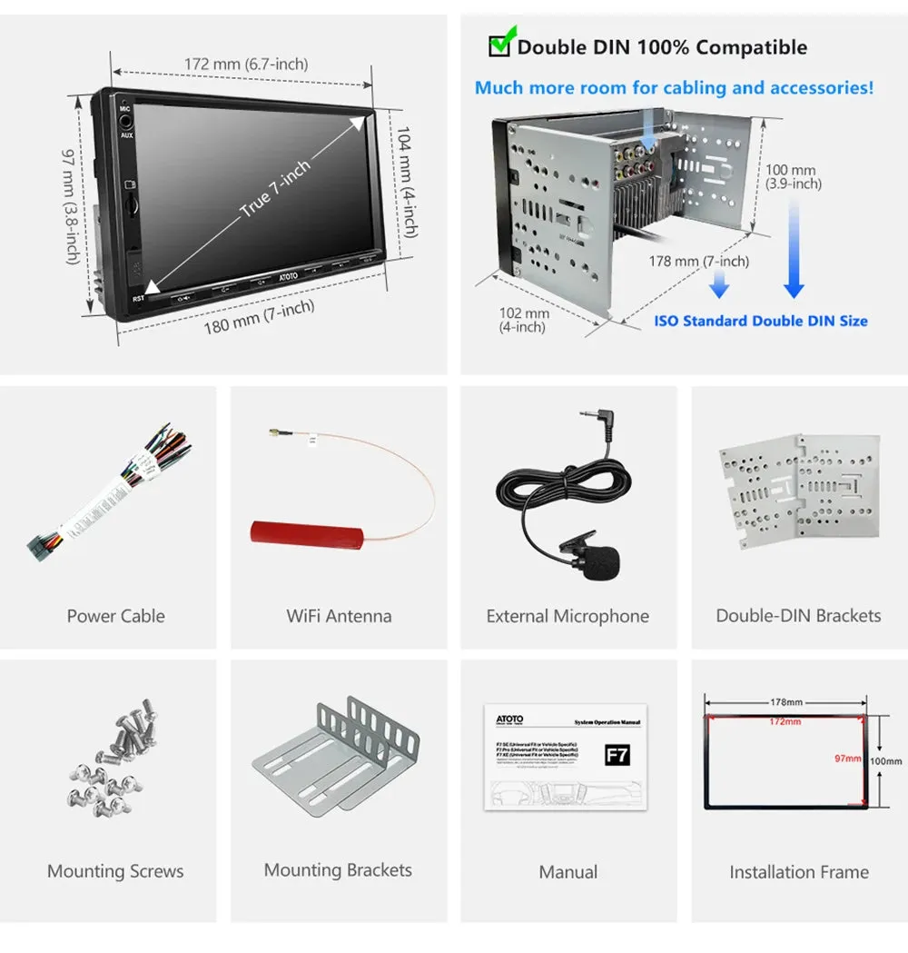 7" Double Din Car Stereo with Wireless CarPlay & Android Auto Display