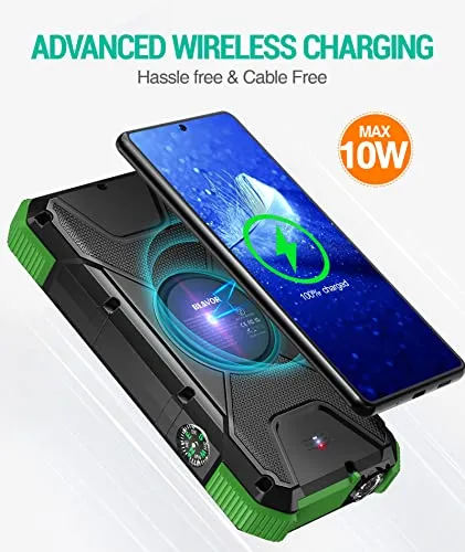 BLAVOR Solar Power Bank, PD18W QC3.0 Fast Charging 10W Wireless Charger 20000mAh Solar Powered Powerbank with Type C Input/Output, IPX5 Waterproof, Camping Flashlight, Compass, Carabiner