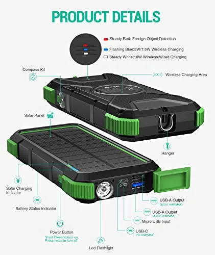 BLAVOR Solar Power Bank, PD18W QC3.0 Fast Charging 10W Wireless Charger 20000mAh Solar Powered Powerbank with Type C Input/Output, IPX5 Waterproof, Camping Flashlight, Compass, Carabiner