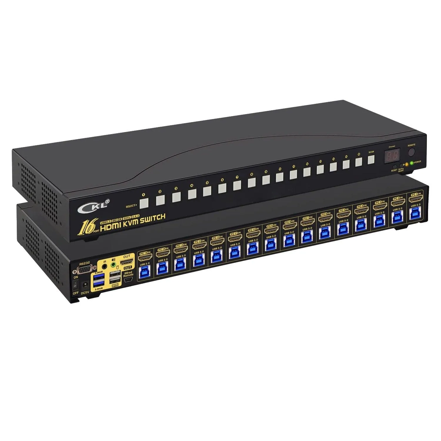 CKL 16 Port Rack Mount USB 3.0 KVM Switch HDMI 4K@60Hz with Audio, Cables and 2 Extra USB 3.0 Hub for 16 Computers Sharing Single Monitor (CKL-9116H-3)