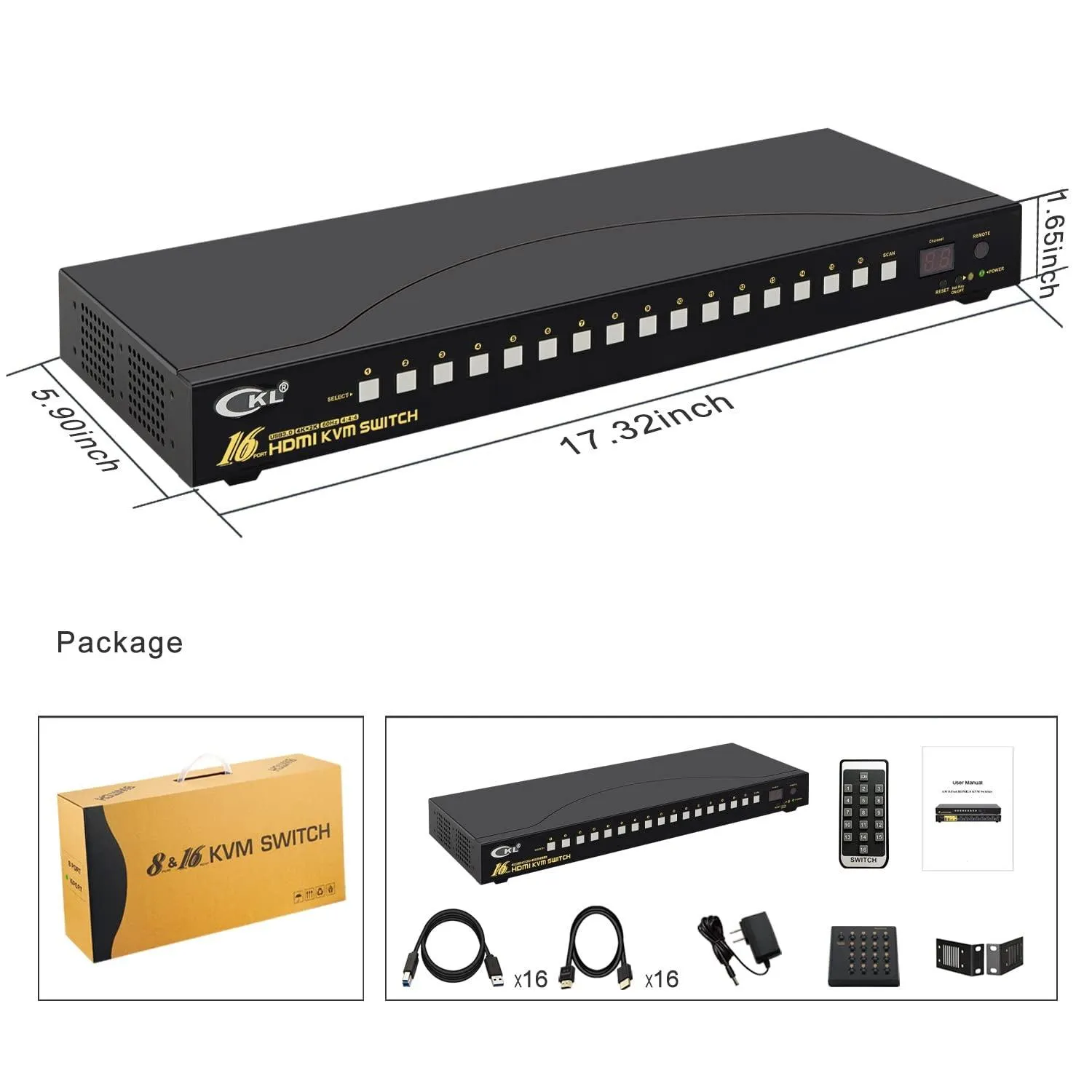 CKL 16 Port Rack Mount USB 3.0 KVM Switch HDMI 4K@60Hz with Audio, Cables and 2 Extra USB 3.0 Hub for 16 Computers Sharing Single Monitor (CKL-9116H-3)