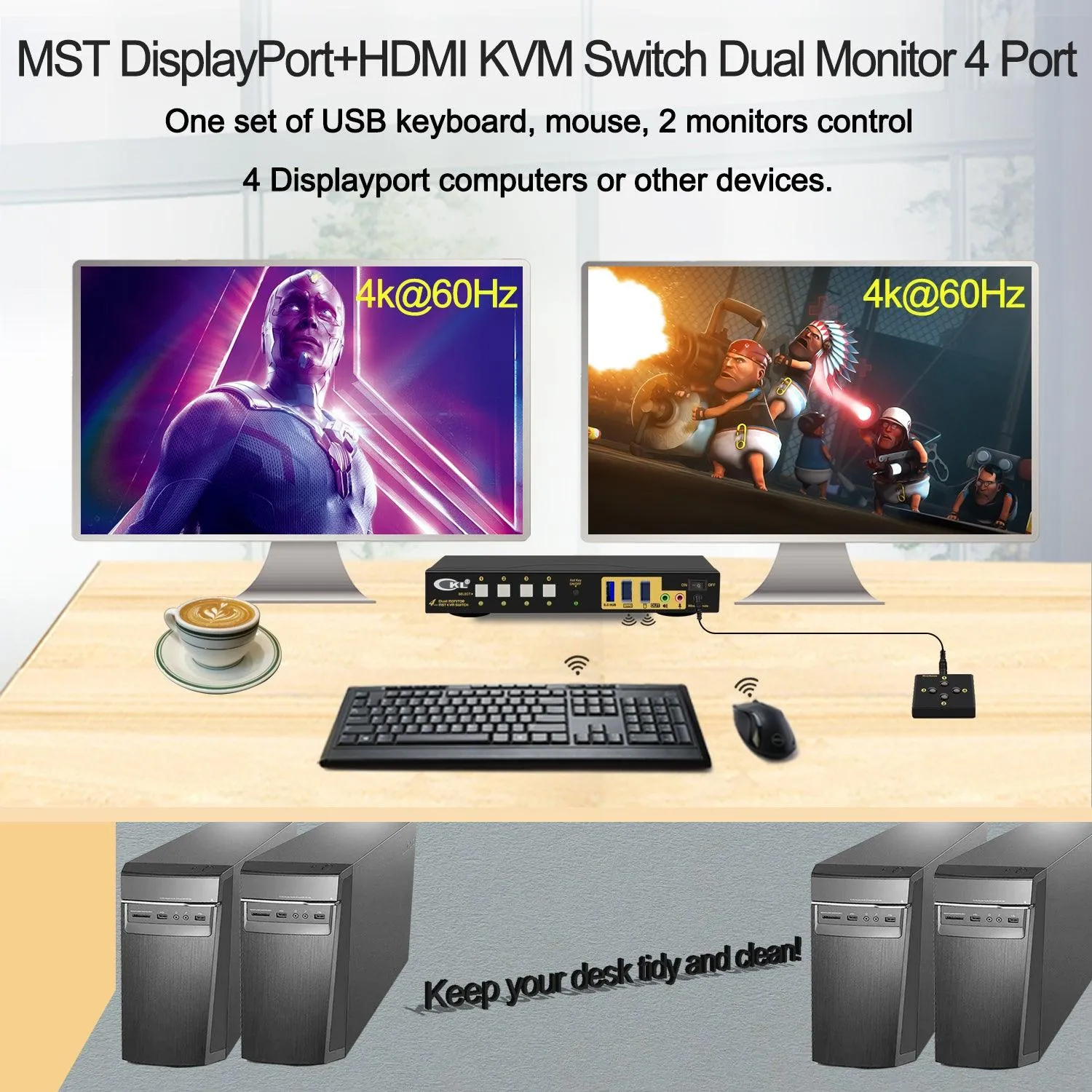 CKL 4 Port KVM Switch Dual Monitor DisplayPort 4K 60Hz for 4 Computers 2 Monitors, 4 DP Input to DP  HDMI Outputs for Each PC via DP 1.4 MST (642DH-MST)