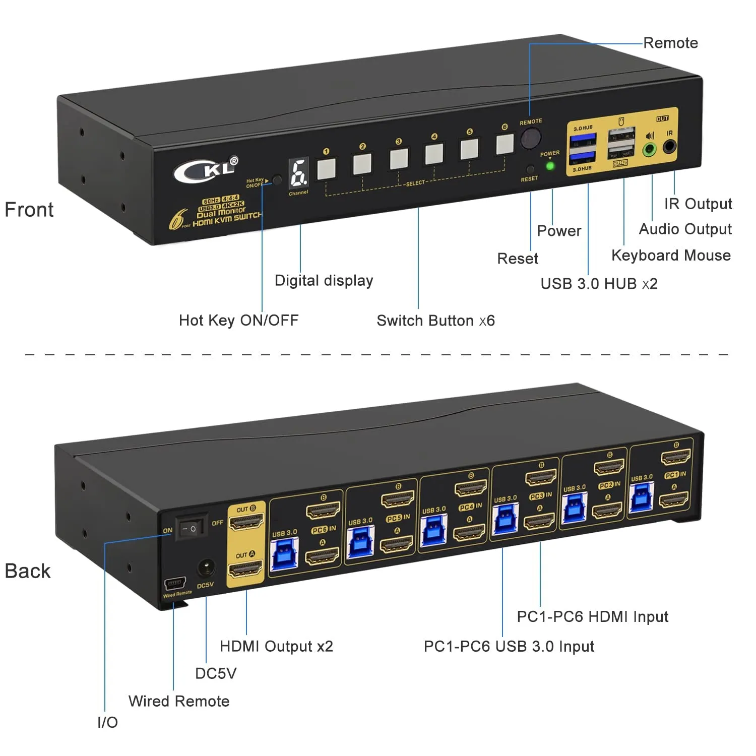 CKL 6 Port Rack Mount HDMI KVM Switch Dual Monitor 4K60Hz with Audio and Cables 9236H-3