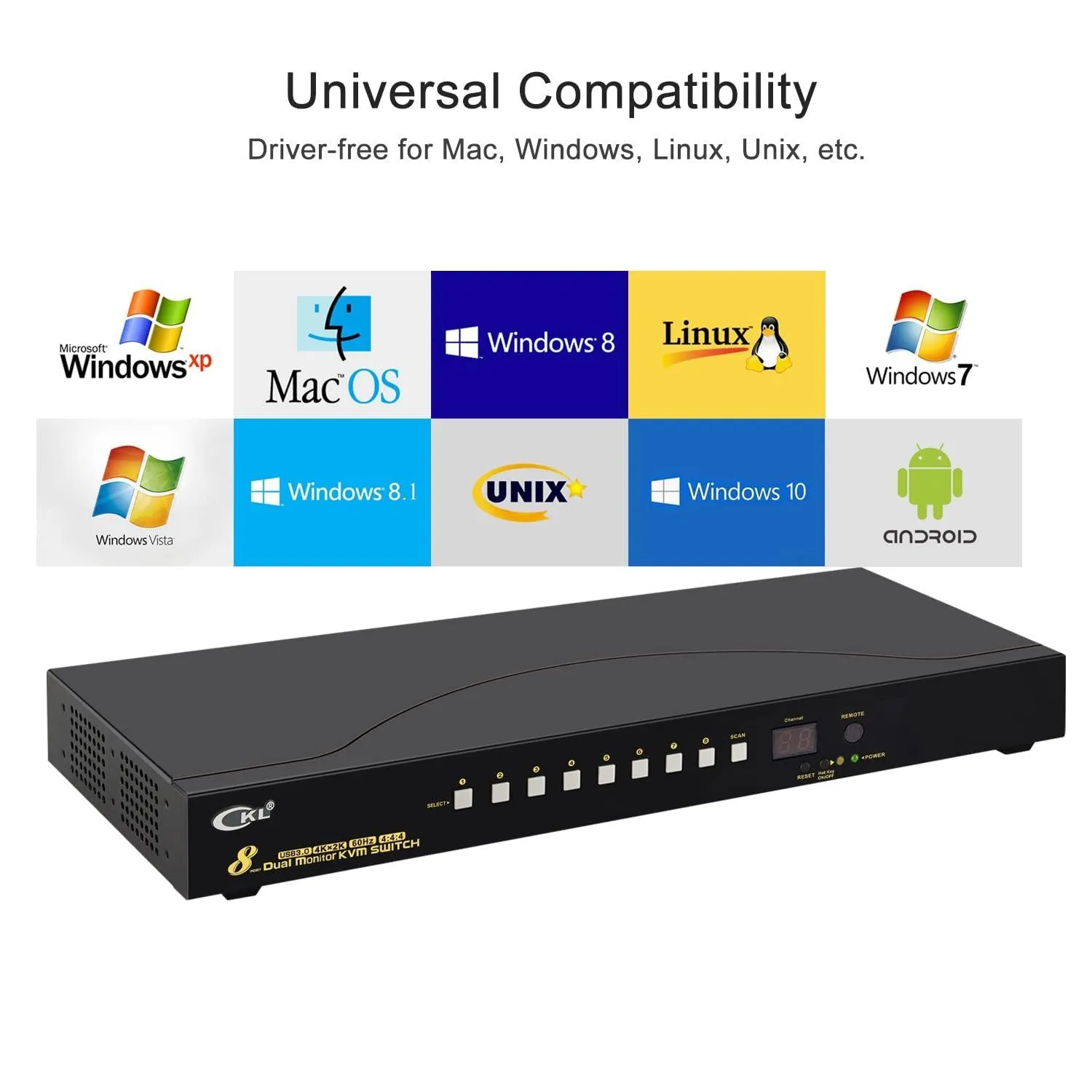 CKL 8 Port USB 3.0 Rack Mount HDMI KVM Switch Dual Monitor 4K@60Hz with Audio, 2 Integrated USB 3.0 Hub and Cables, Keyboard Mouse Hotkey Switcher Box Supports IR Remote （CKL-9238H-3)