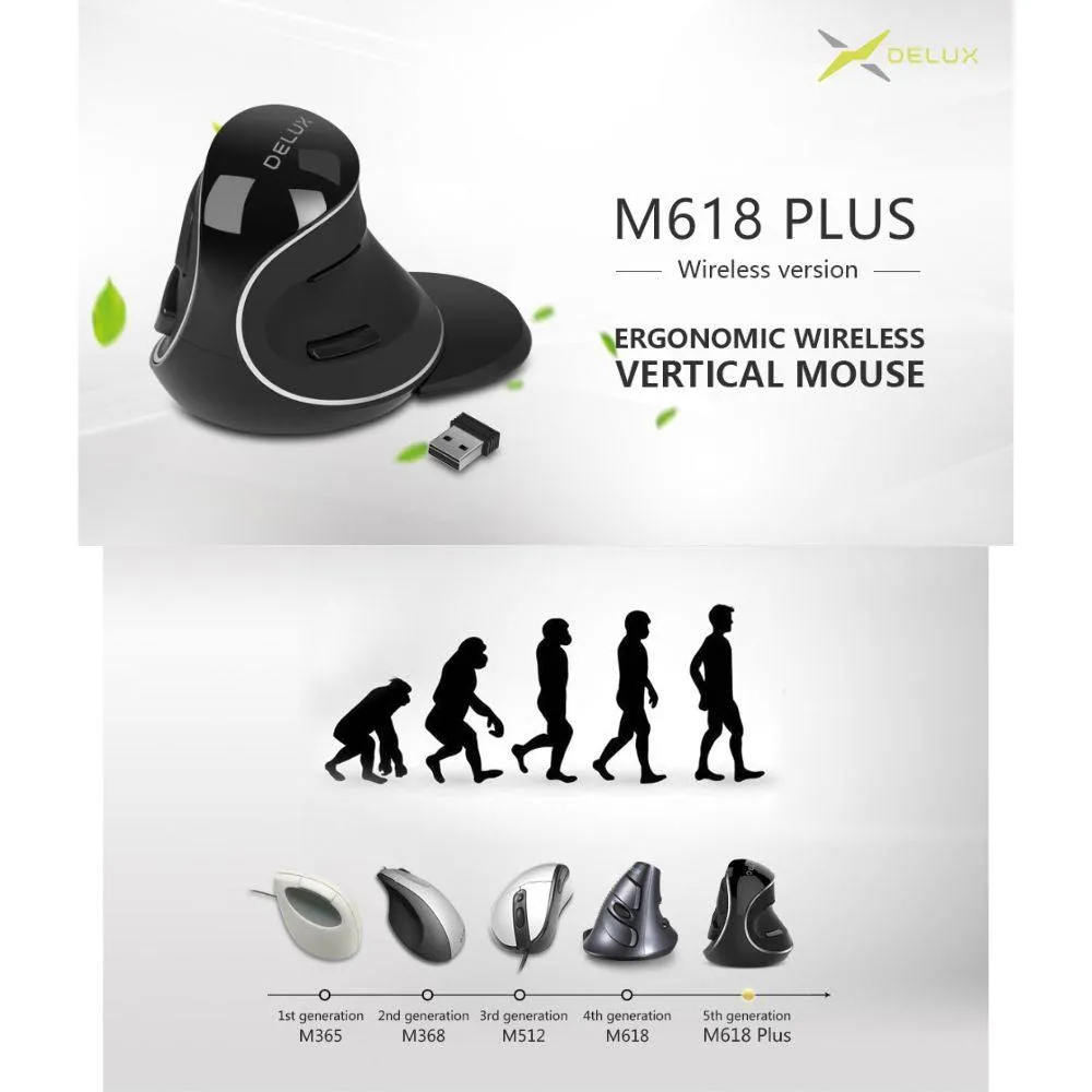 Delux M618 Plus Ergonomic Vertical Mouse: Larger Size 6 Buttons 2.4Ghz Wireless 1600DPI with Removable Palm Rest