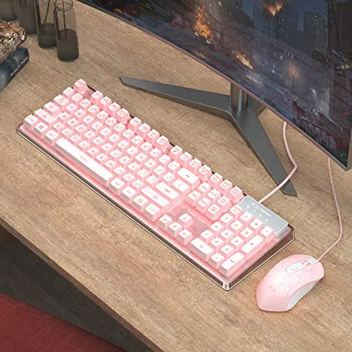 Gaming Keyboard and Mouse Combo, 7 Colors LED Backlit Keyboard w/104 Keys Computer PC Gaming Keyboard for PC/Laptop