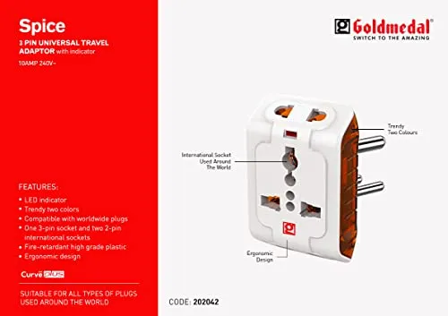 Goldmedal Curve Plus 202042 Plastic Spice 3-Pin 240V Universal Travel Adaptor (White)
