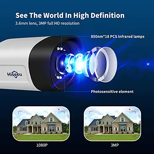 Hiseeu 2K Outdoor Security Camera bullet,2-Way Audio, 3MP Surveillance IP Cameras,IP66 Waterproof, Remote Viewing,Motion Detection,Night Vision,Cloud&SD Storage,Compatible with Hiseeu Wireless Systems