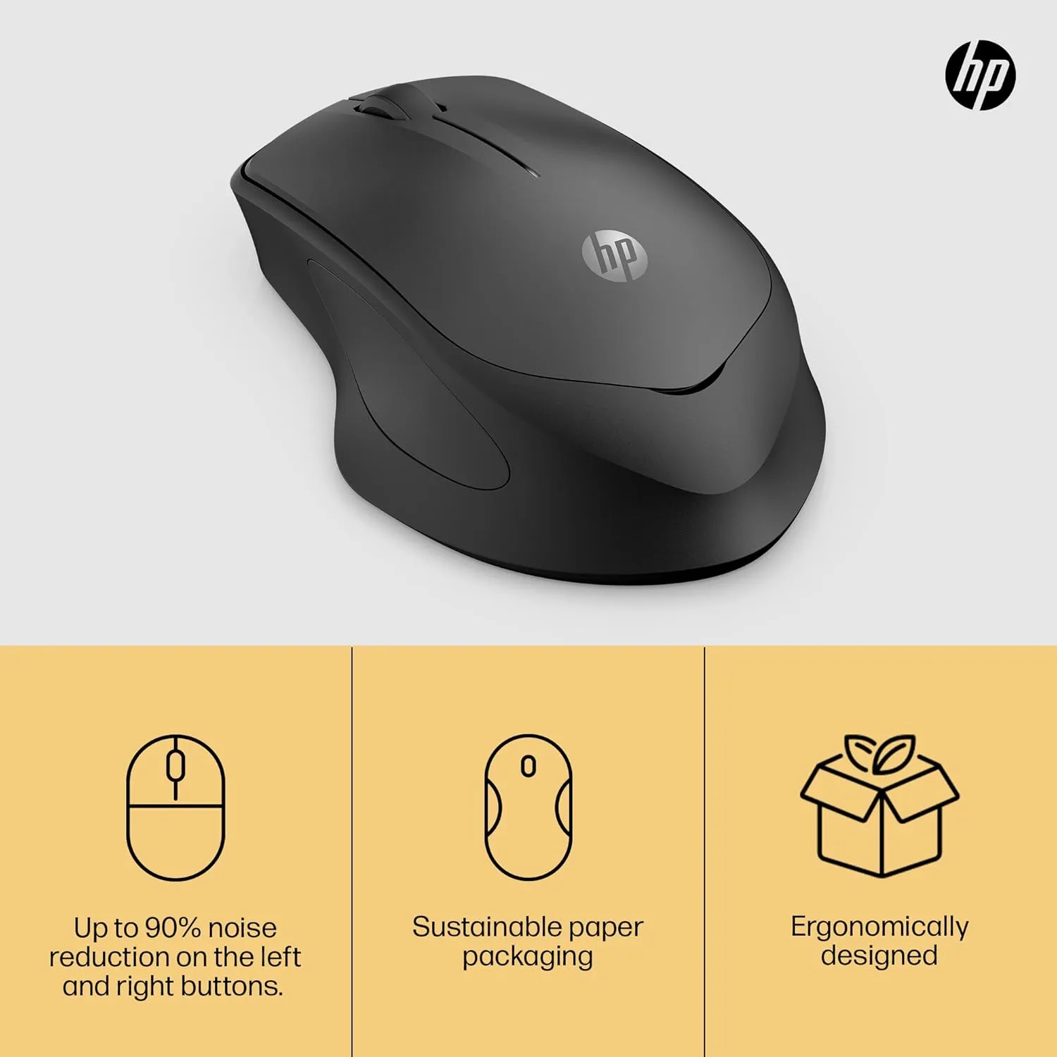 HP 280 Silent Wireless Mouse - Blue Optical Technology, 1600 DPI, Ergonomic Design, USB-A Dongle, Black