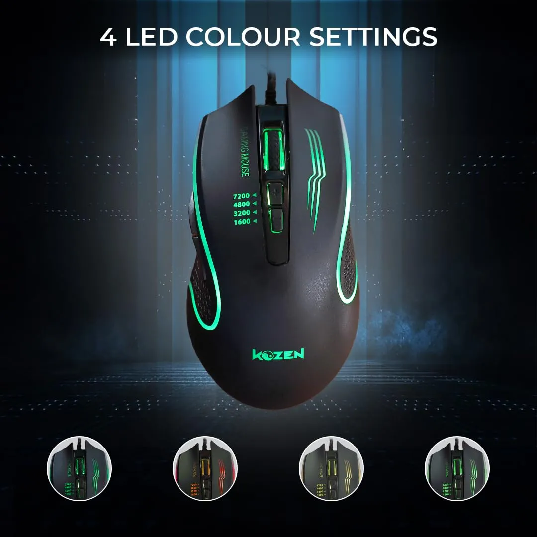 KOZEN GX59 Gaming Mouse Wired Mouse with USB-A Braided Cable,1600-7200DPI, 7 Programmable Keys, 4 LED Settings, Lightweight, Black