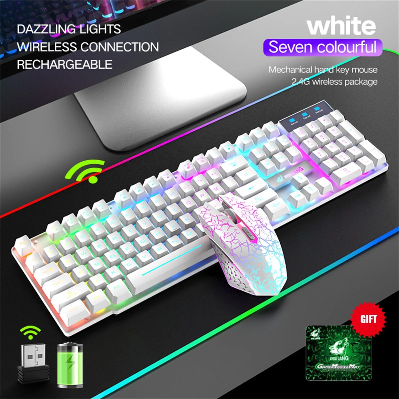 LED Rechargeable Wireless Keyboard Gaming Mouse Sets Rainbow