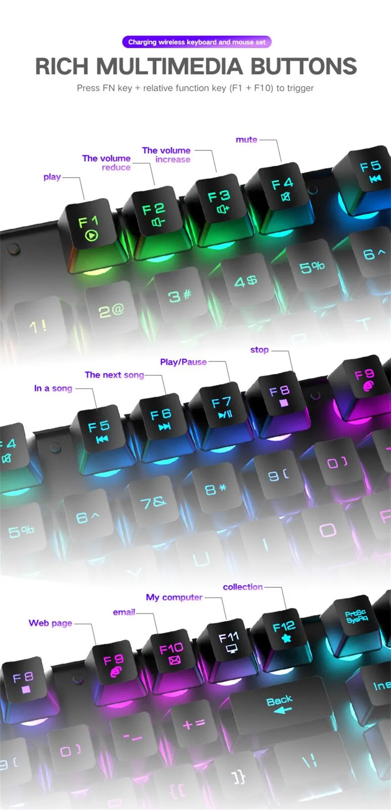 LED Rechargeable Wireless Keyboard Gaming Mouse Sets Rainbow