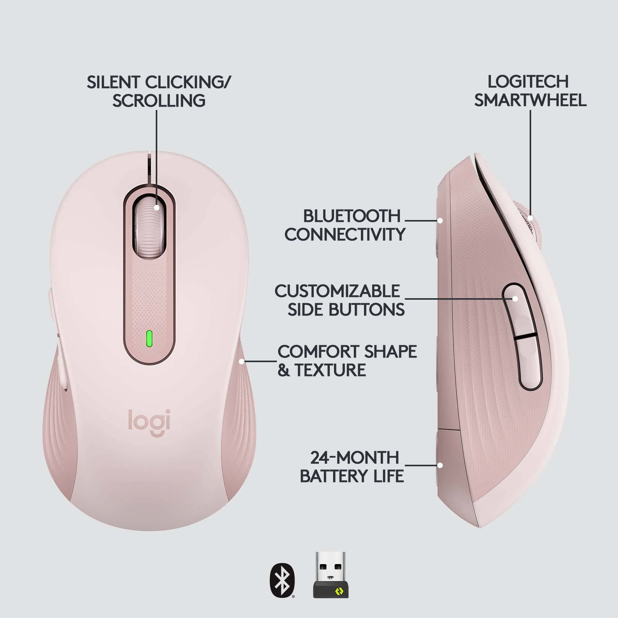 Logitech M650 Signature Wireless Bluetooth Optical Mouse with 4000 DPI, Silent Click, Smartwheel Scrolling and 24 Month Battery Life for PC, Laptop, Desktop (Graphite, Rose, Off White)