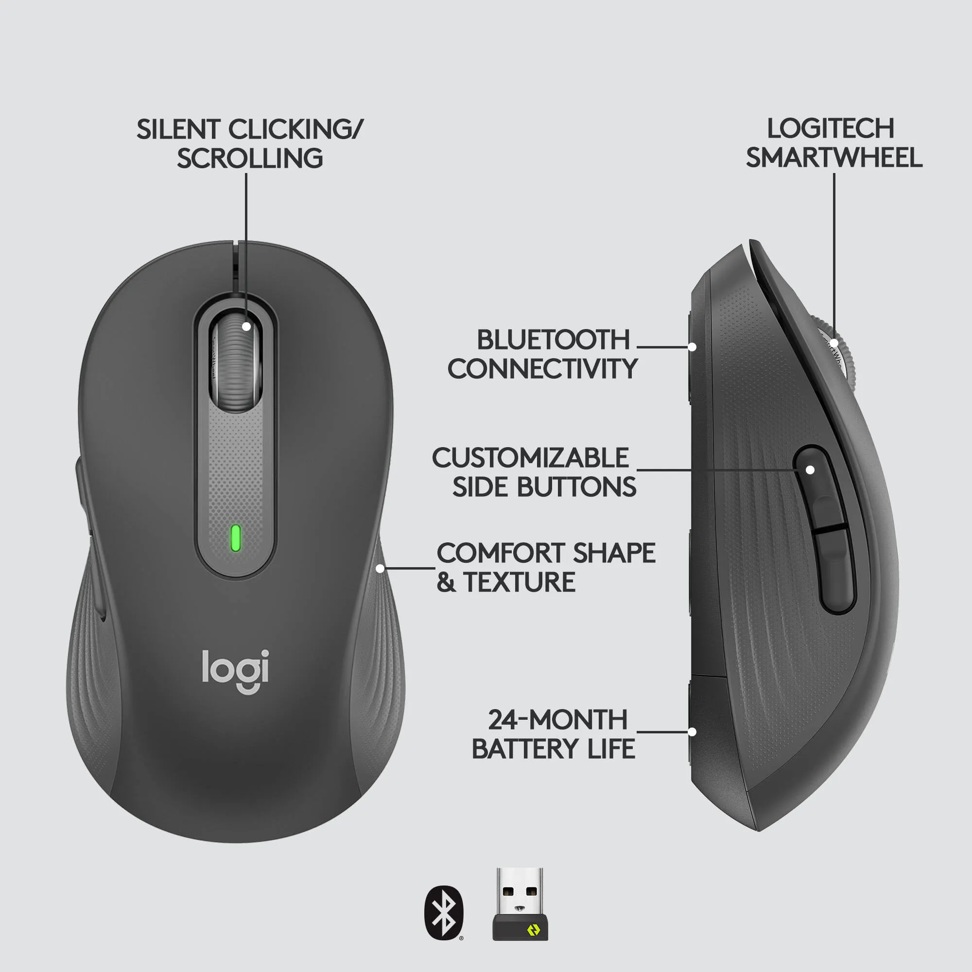 Logitech M650 Signature Wireless Bluetooth Optical Mouse with 4000 DPI, Silent Click, Smartwheel Scrolling and 24 Month Battery Life for PC, Laptop, Desktop (Graphite, Rose, Off White)