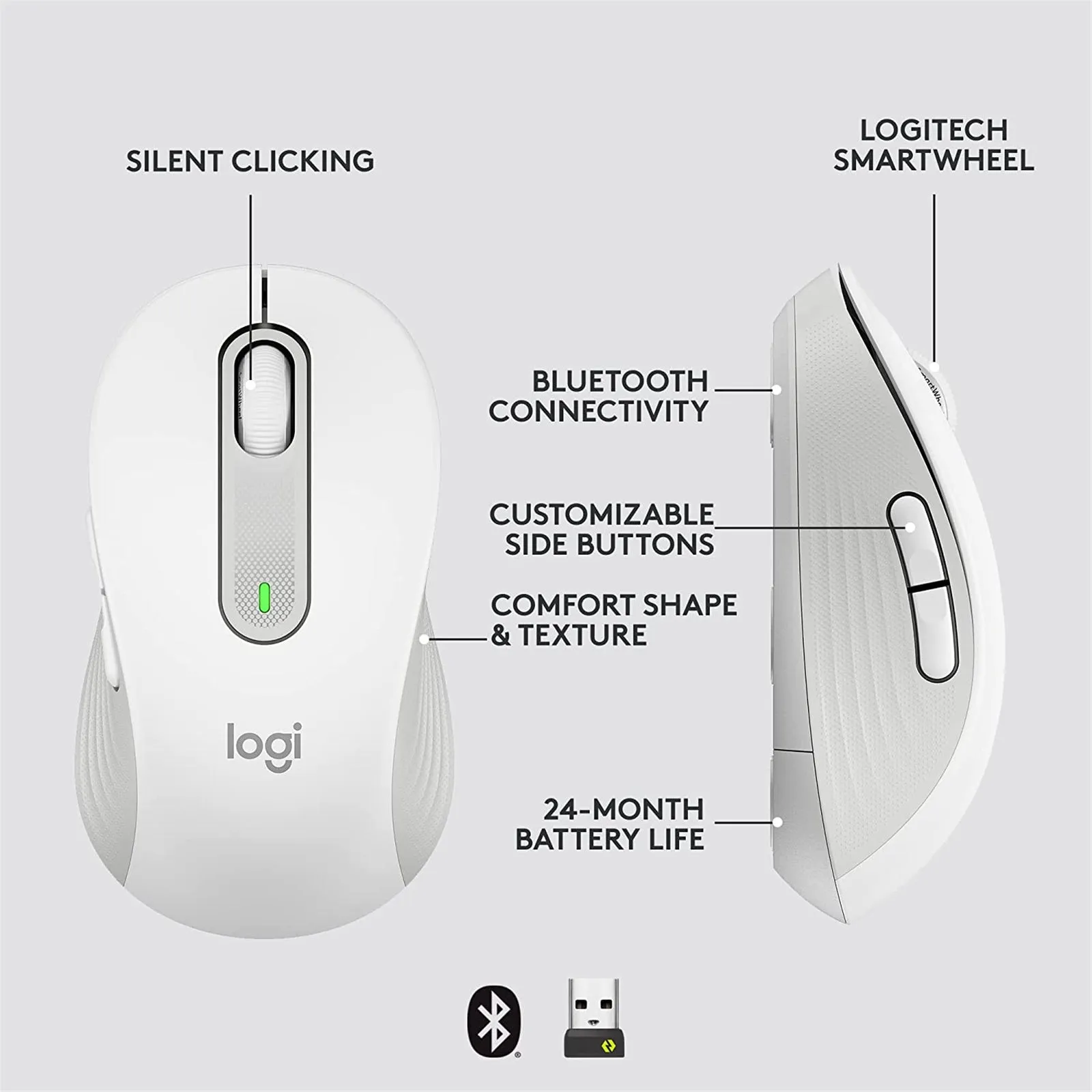 Logitech M650 Signature Wireless Bluetooth Optical Mouse with 4000 DPI, Silent Click, Smartwheel Scrolling and 24 Month Battery Life for PC, Laptop, Desktop (Graphite, Rose, Off White)