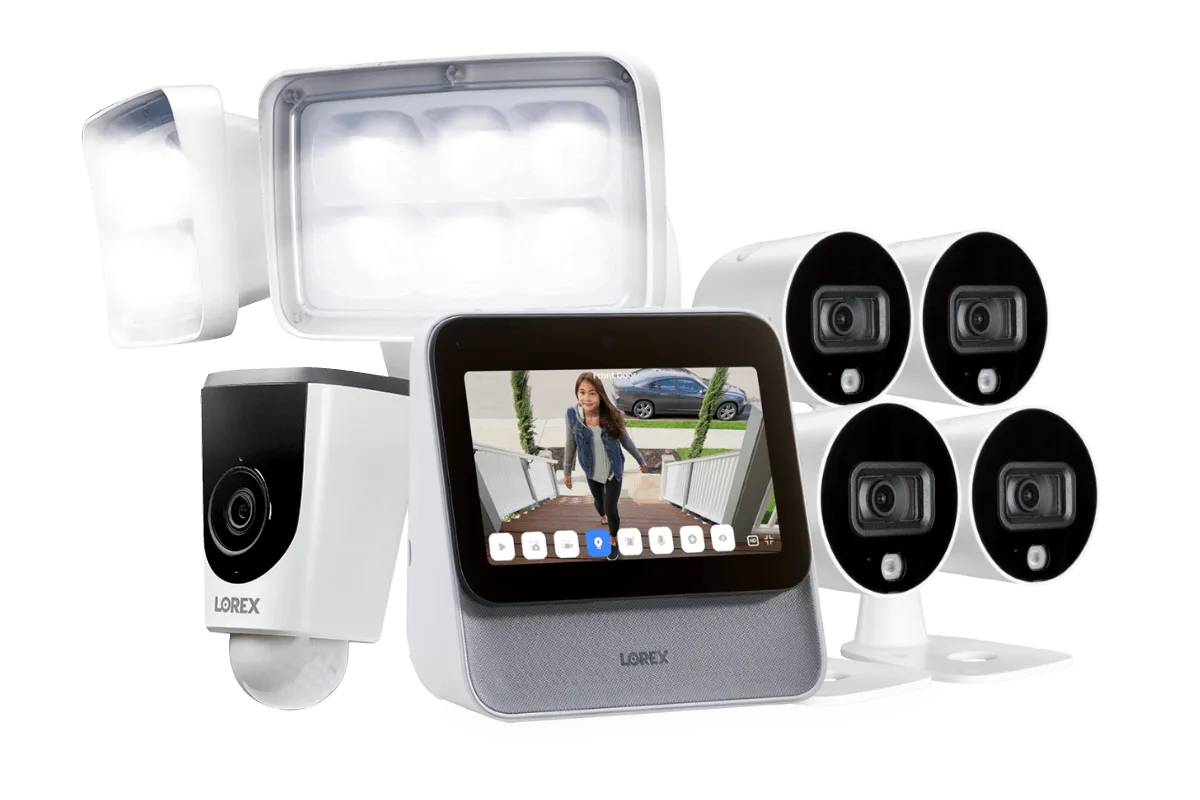 Lorex Smart Home Security Center with Four 1080p Outdoor Wi-Fi Cameras and Wi-Fi Floodlight Camera