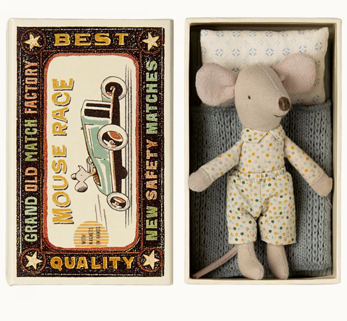 MAILEG LITTLE BROTHER MOUSE IN MATCHBOX -POLKA DOT SHORTS   MAGNETS IN HANDS