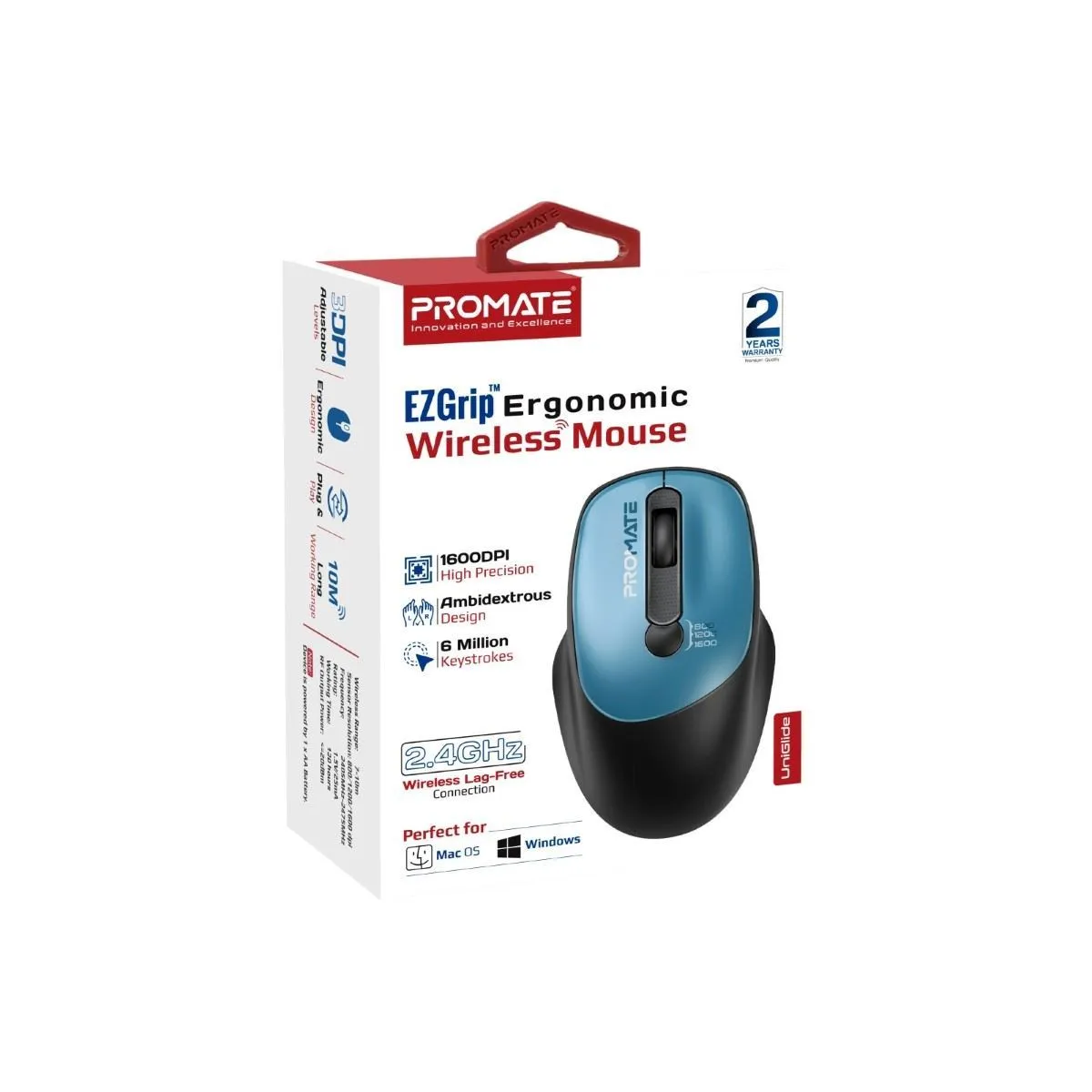 PROMATE EZGrip Ambidextrous Ergonomic Wireless Mouse