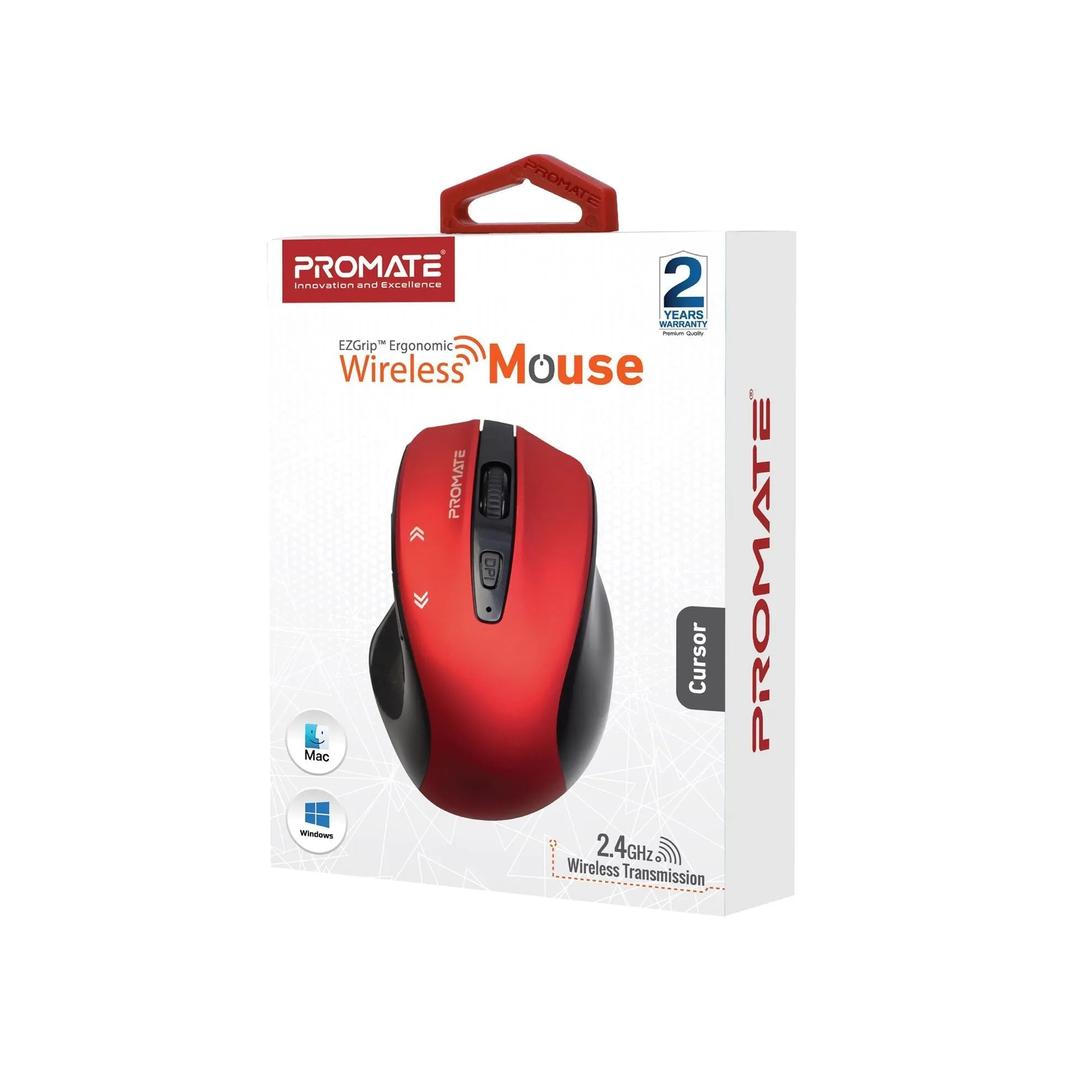 Promate EZGrip Ergonomic Wireless Mouse, Quick Forward/Back Buttons, Red