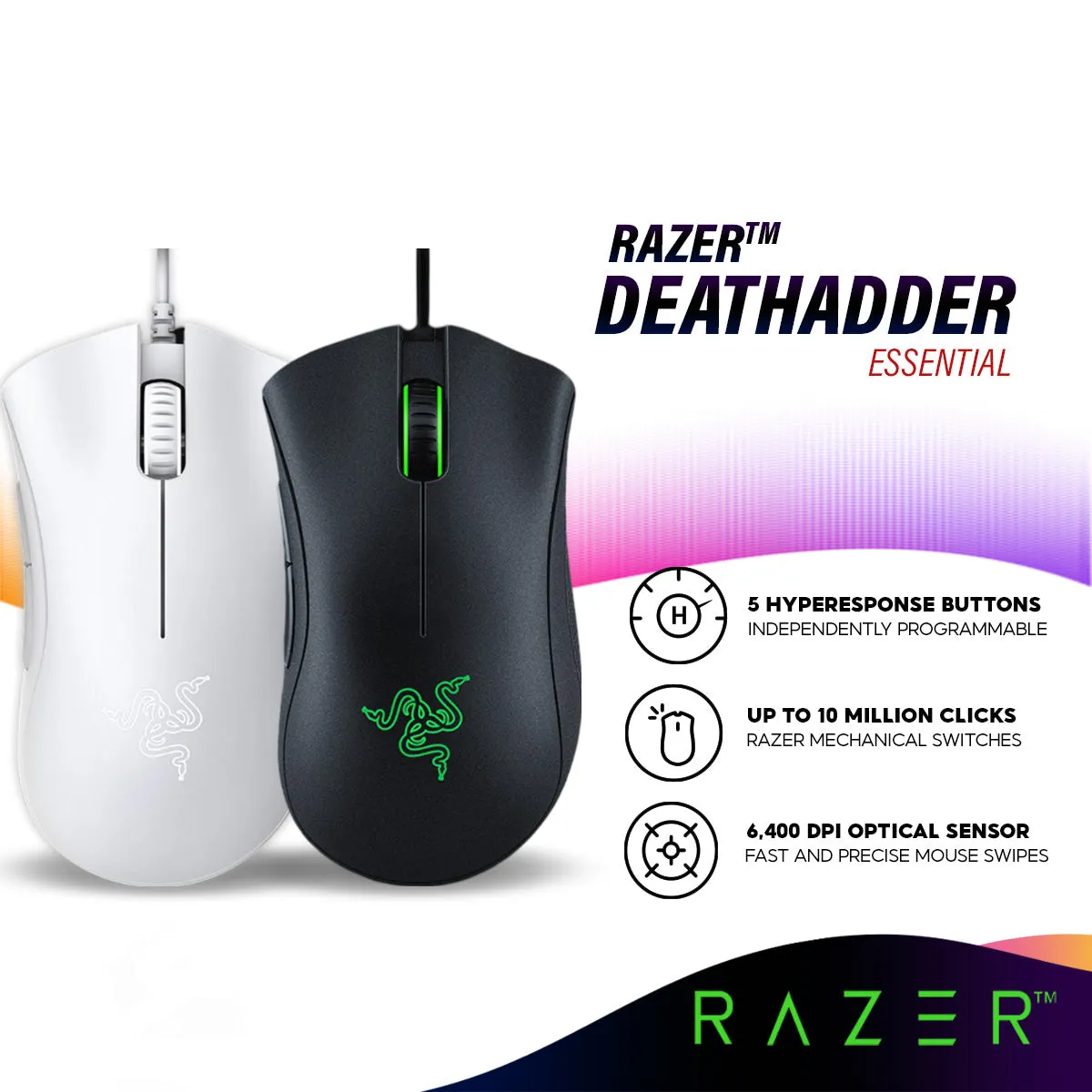 Razer Deathadder Essential 2021 Wired Gaming Mouse | 6400 DPI Optical | Ergonomic | 5 Programmable Buttons | Right-Handed (RZ01-03850100-R3M1)