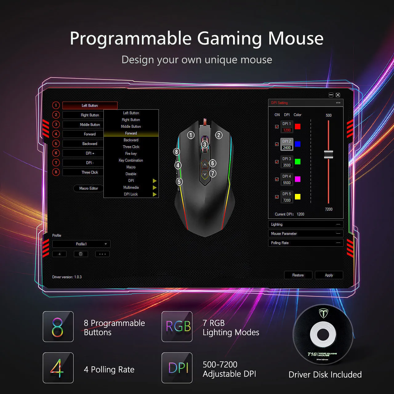 RGB Programmable Gaming Mouse Wired With 72 DPI-Black