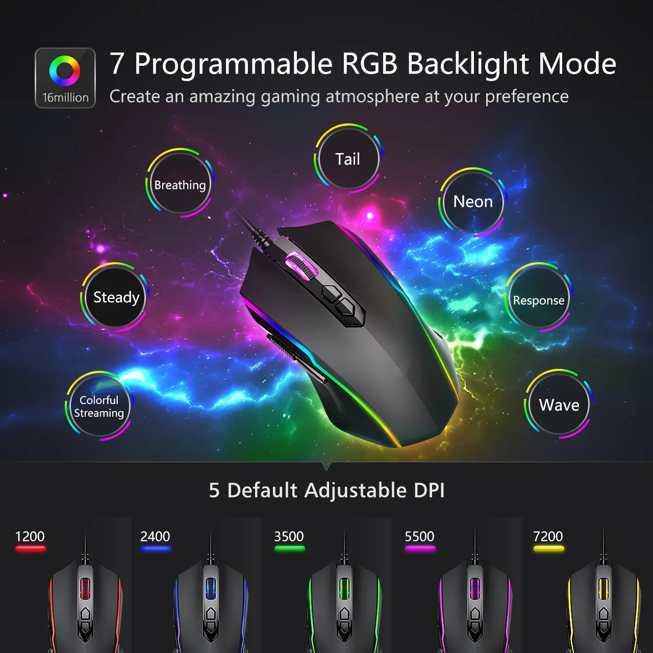 RGB Programmable Gaming Mouse Wired With 72 DPI-Black