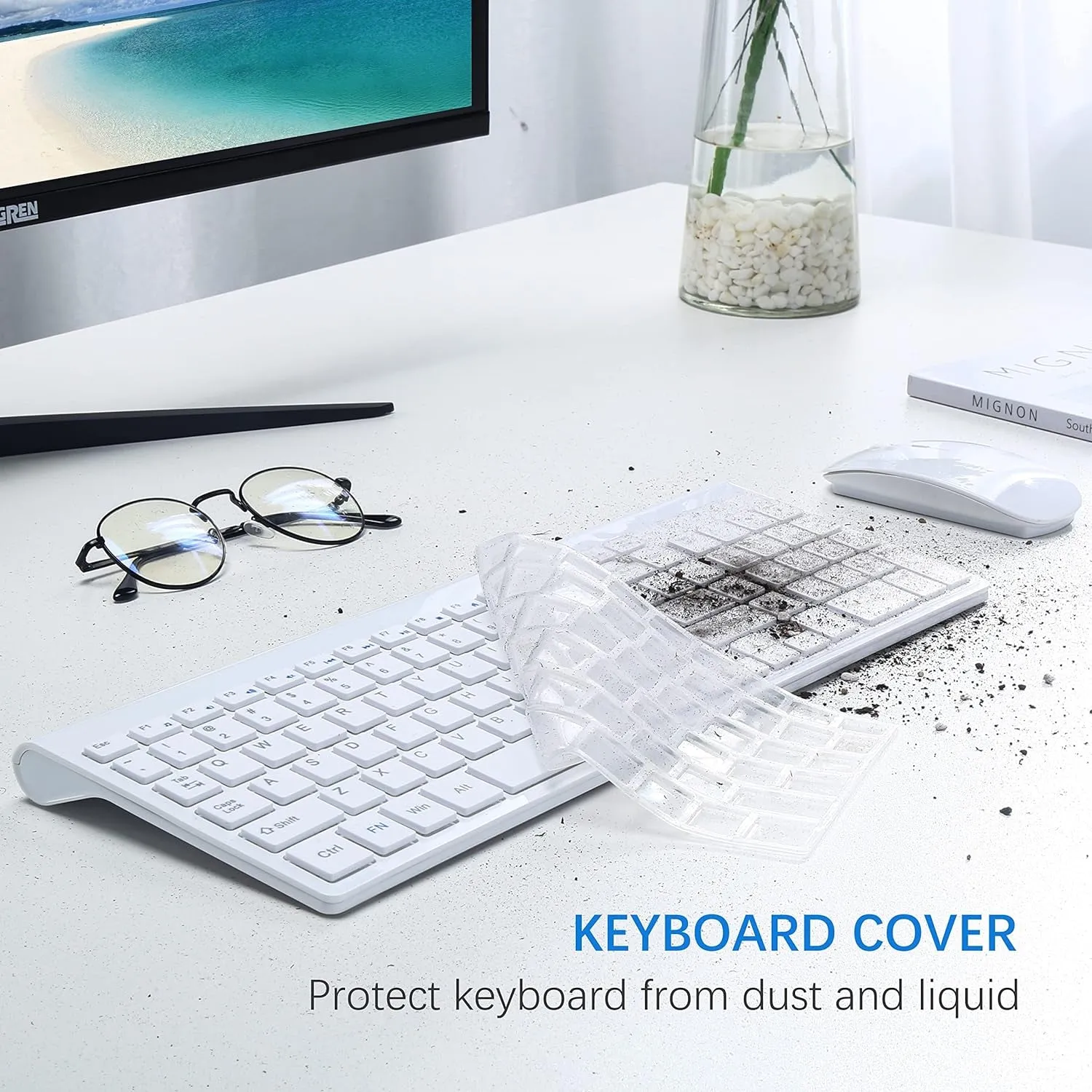 Topmate Wireless Keyboard and Mouse Ultra Slim Combo, 2.4G Silent Compact USB Mouse and Scissor Switch Keyboard Set with Cover, 2 AA and 2 AAA Batteries, for Pc/Laptop/Windows/Mac - White