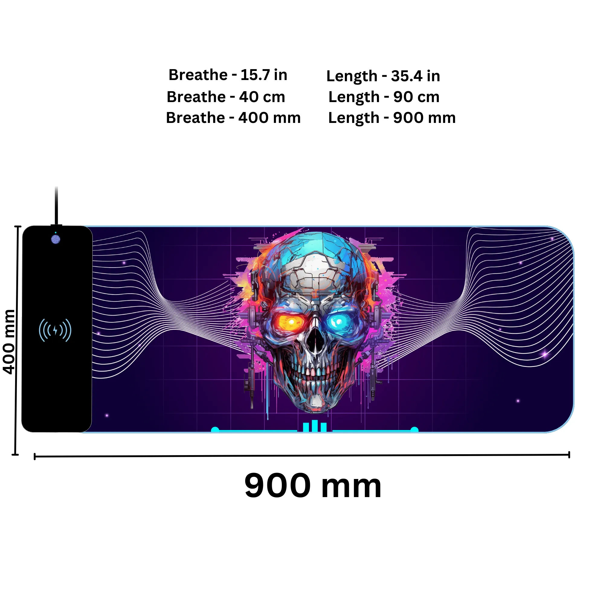 Wireless Charging Mouse Pad with RGB lighting | Waterproof | Oversized | Vibrant Prints | Cyber Neon Skull