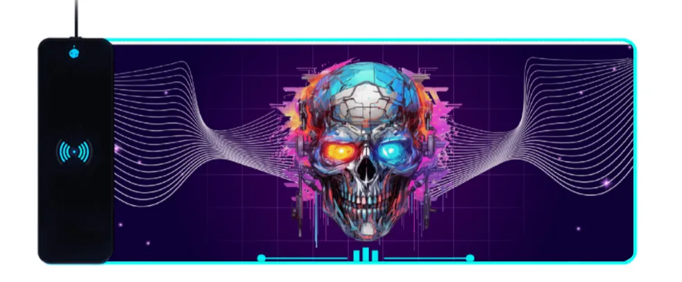 Wireless Charging Mouse Pad with RGB lighting | Waterproof | Oversized | Vibrant Prints | Cyber Neon Skull