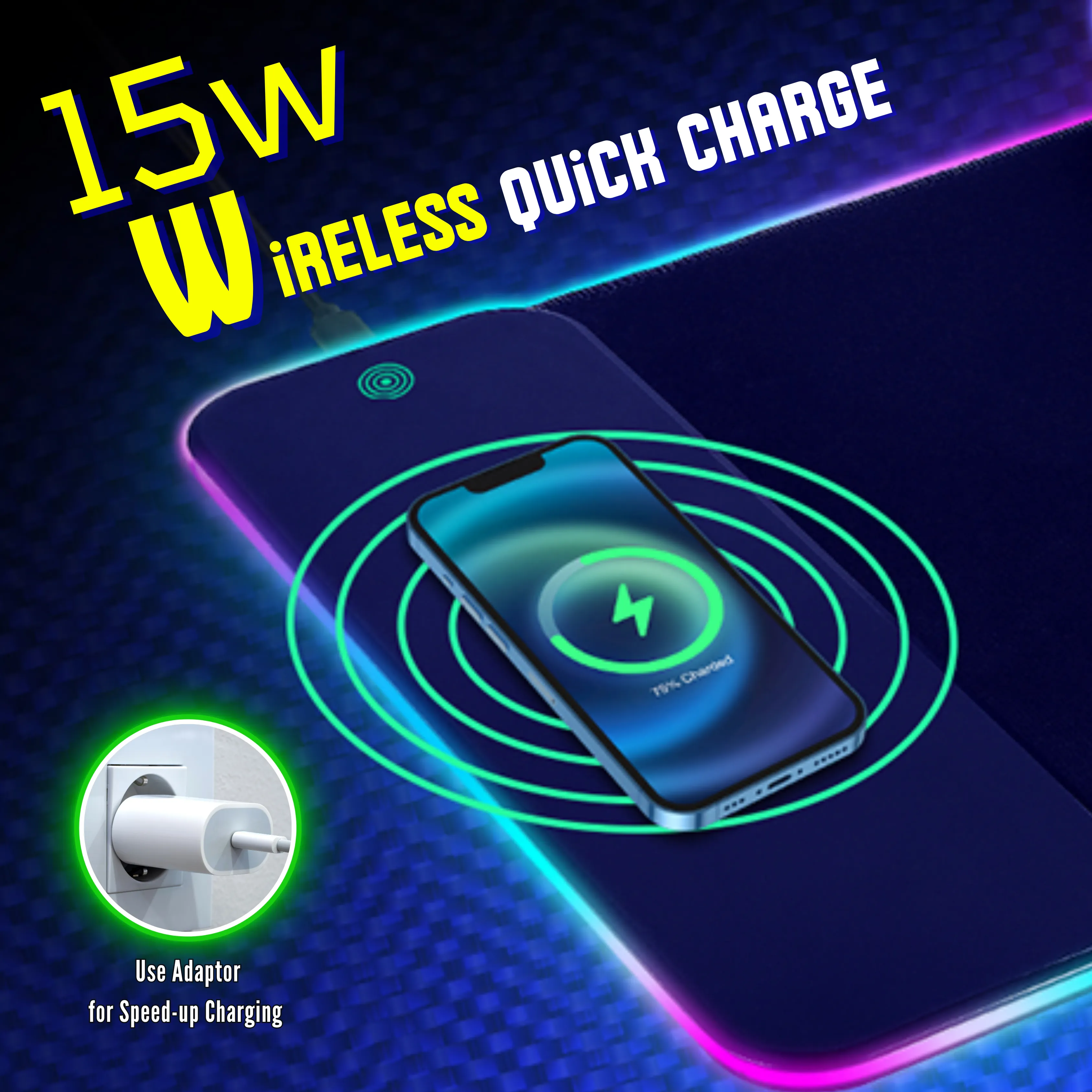 Wireless Charging Mouse Pad with RGB lighting | Waterproof | Oversized | Vibrant Prints | Cyber Neon Skull