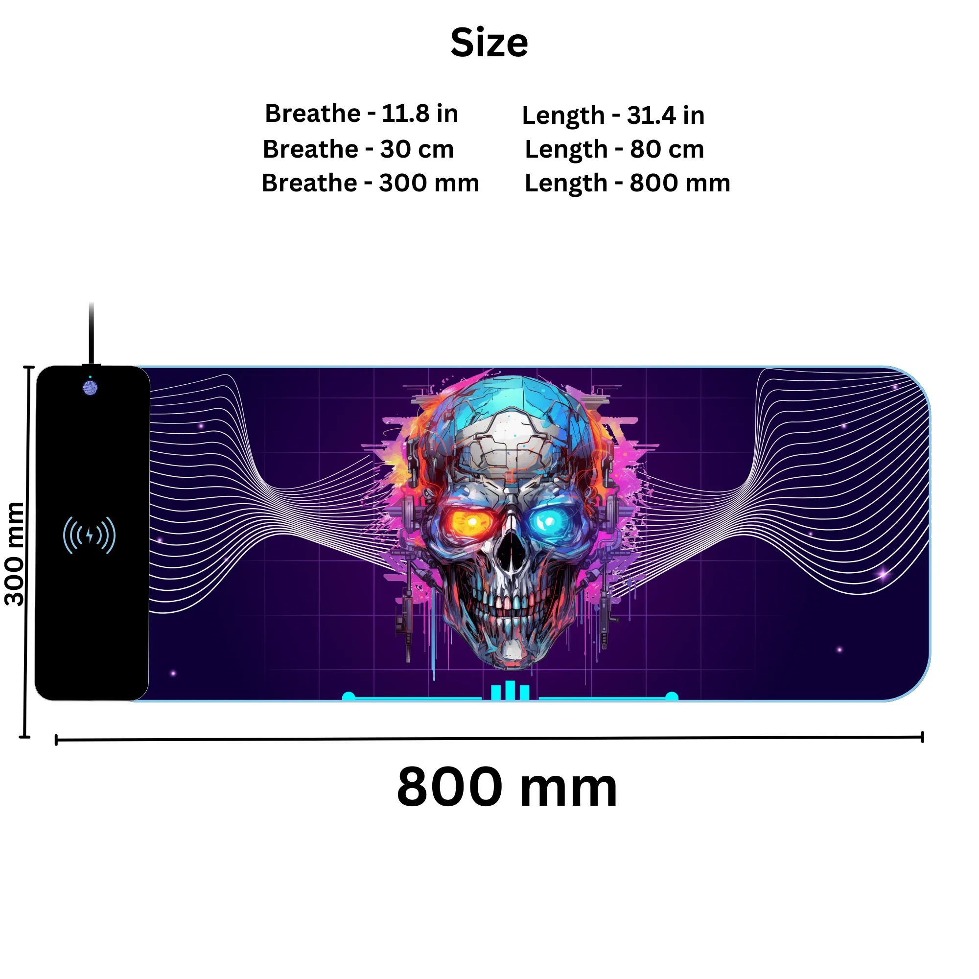 Wireless Charging Mouse Pad with RGB lighting | Waterproof | Oversized | Vibrant Prints | Cyber Neon Skull